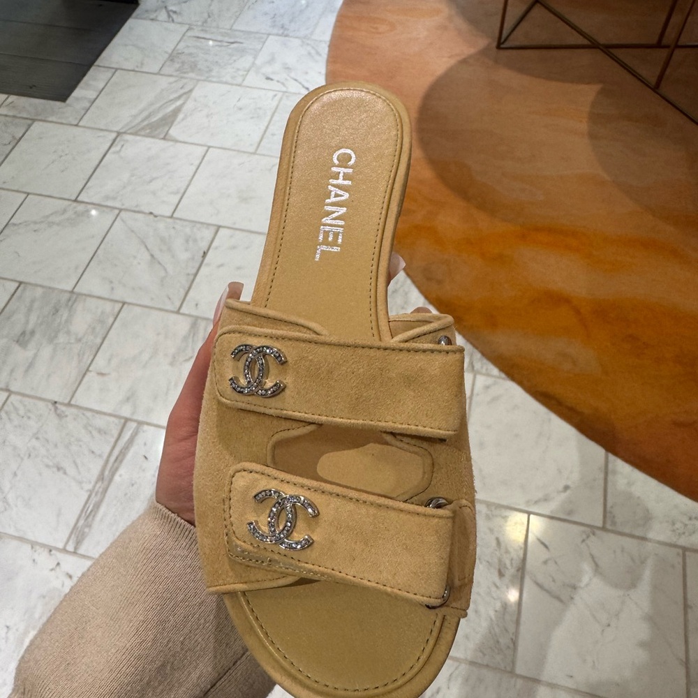 CHANEL Tan Slide Sandals with Silver Accents - Picture 4 of 5